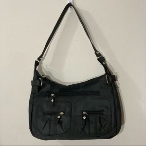 Black Sateen Silver Grommet Shoulder Bag Y2K Style Front Pockets Zipper Purse